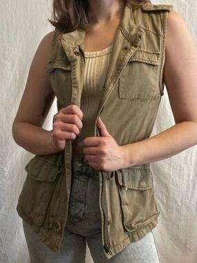 Per Se Sleeveless Utility Jacket Vest in Olive Green Size XS